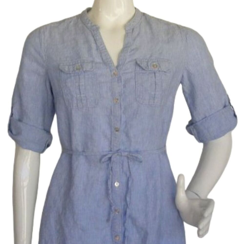 MALVIN Linen Dress, M, Blue, thin white stripe, Mini, Pockets, Sash belt - Picture 8 of 14